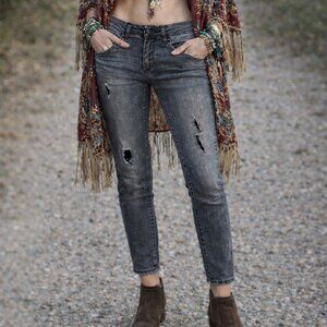 Departwest Trouper Black Fade Destructed Taper Stretch Jeans, Size 26/29